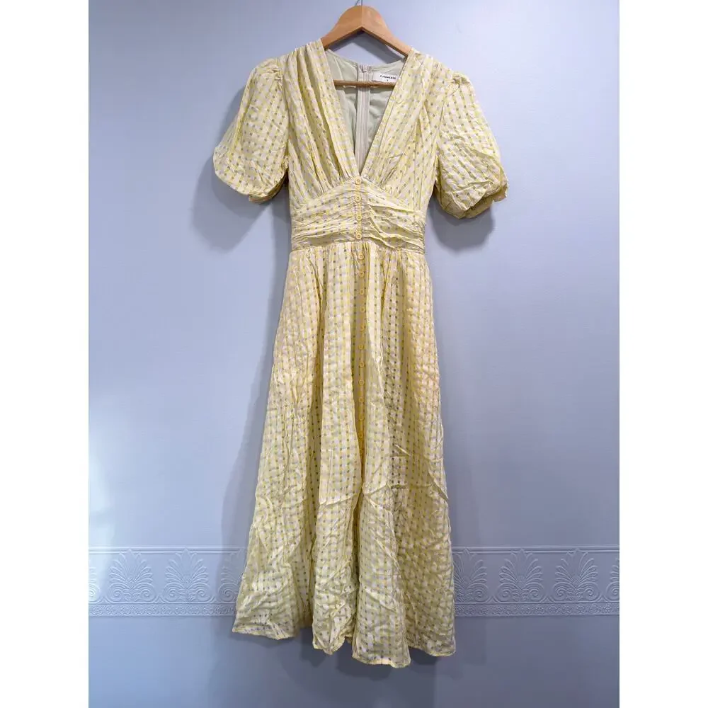 Commense Butter Yellow Plaid Picnic Whimsy Cottage Button Front Maxi Dress NWT M - Picture 2 of 5